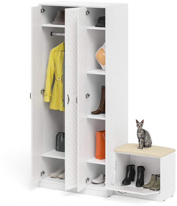 Прихожая П-6 Компоновка № 45, белая шагрень/фасады МДФ белое дерево фрезеровка ромб