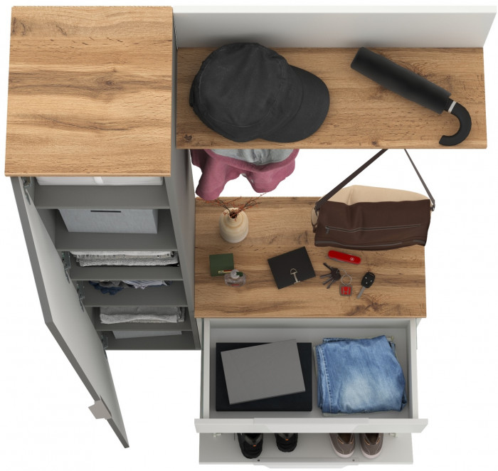 Октава Прихожая 50, цвет белый шагрень/серый графит/дуб крафт золотой/фасады МДФ белый шагрень/серый графит, ШхГхВ 97,1х35,4х197,6 см., ун. сб.