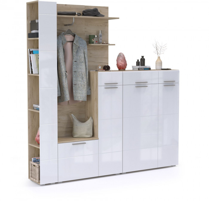 Лайн Прихожая № 09, дуб крафт серый/фасады МДФ белый глянец