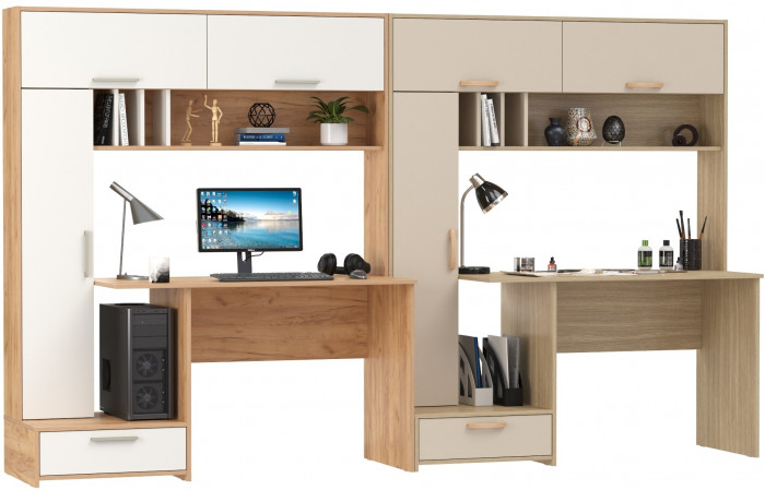 Два Стола письменных Лайт 03.243Н, цвет дуб крафт золотой/белый премиум/плэйн/сатин, ШхГхВ 300,4х57,3х179,9 см., НЕ универсальная сборка