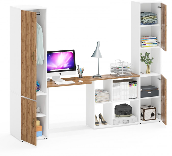 Лидер-8 Пенал МД 23Б + Стол + Пенал, белый шагрень/крафт золото