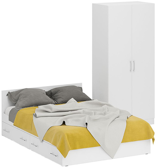Кровать с ящиками 1400 + Шкаф 2-х створчатый Стандарт, цвет белый, ШхГхВ 143,5х203,5х70 + 90х52х200 см., сп.м. 1400х2000 мм., б/м, основание есть