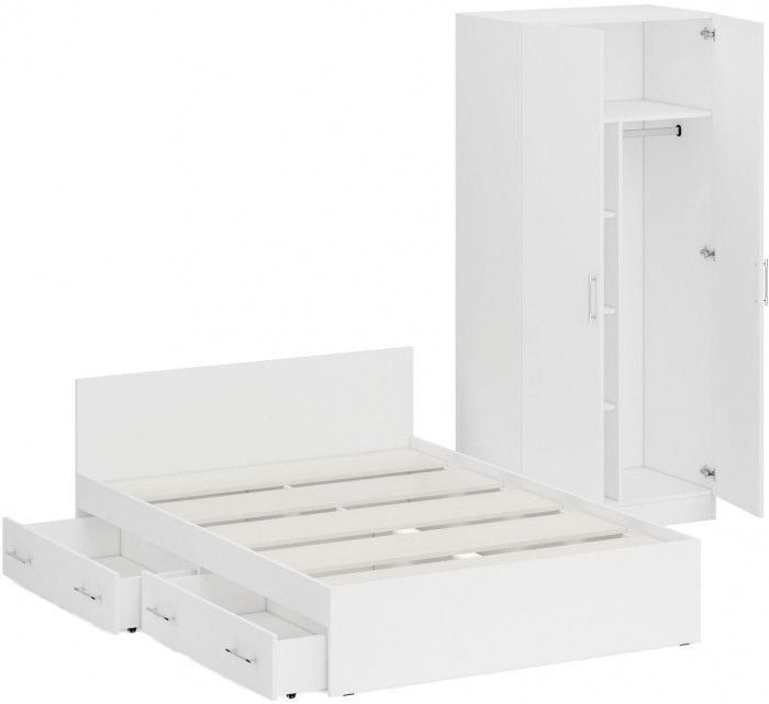 Кровать с ящиками 1400 + Шкаф 2-х створчатый Стандарт, цвет белый, ШхГхВ 143,5х203,5х70 + 90х52х200 см., сп.м. 1400х2000 мм., б/м, основание есть
