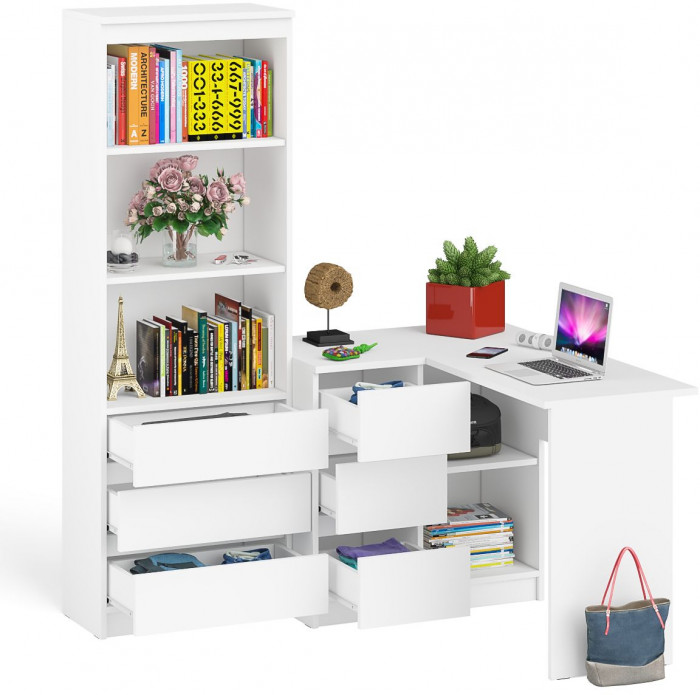 Мори компьютерный стол МС-16 левый + Стеллаж МСТ600.3, белый