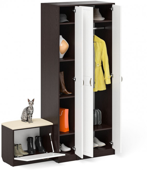 Прихожая П-6 Компоновка № 45, венге/фасады МДФ белое дерево фрезеровка прованс