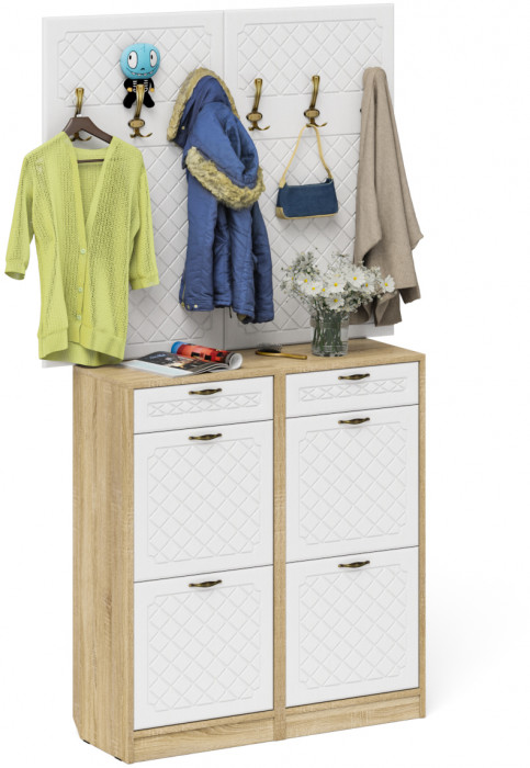 Прихожая П-6 Компоновка № 04, цвет дуб сонома/фасады МДФ белое дерево фрезеровка ромб, ШхГхВ 120х35х200 см.