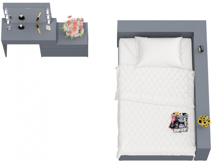 Ксения Кровать с ящиками 1200 + прикроватный блок + Столик с подсветкой 110, графит