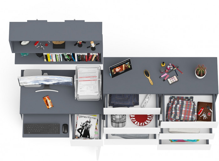 Мори компьютерный стол МС-1 правый + Комод МК1200.10 + Полка 900, графит/белый