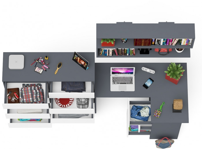 Мори компьютерный стол МС-16 правый + Комод МК1200.10 + Полка 1200, графит/белый