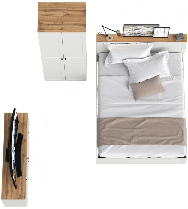 Остин 11.53 Кровать + ортопед + 13.336.02 Шкаф для одежды + 16.47 Тумба под ТВ, белый шагрень/дуб крафт золотой