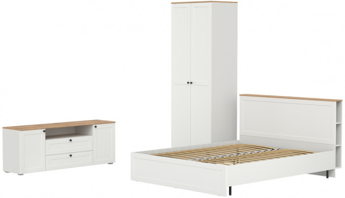 Остин 11.53 Кровать + ортопед + 13.336.02 Шкаф для одежды + 16.47 Тумба под ТВ, белый шагрень/дуб крафт золотой