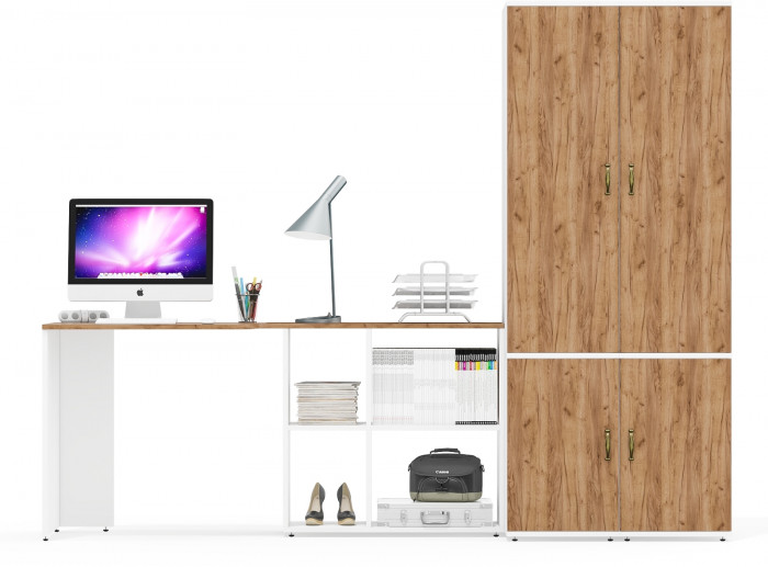 Лидер-8 Стол + Пенал МД 23Б + Пенал МД 23Б, цвет белый шагрень/крафт золото, ШхГхВ 245х50х75/190 или 115х160/50х75/190 см., НЕ ун. сборка