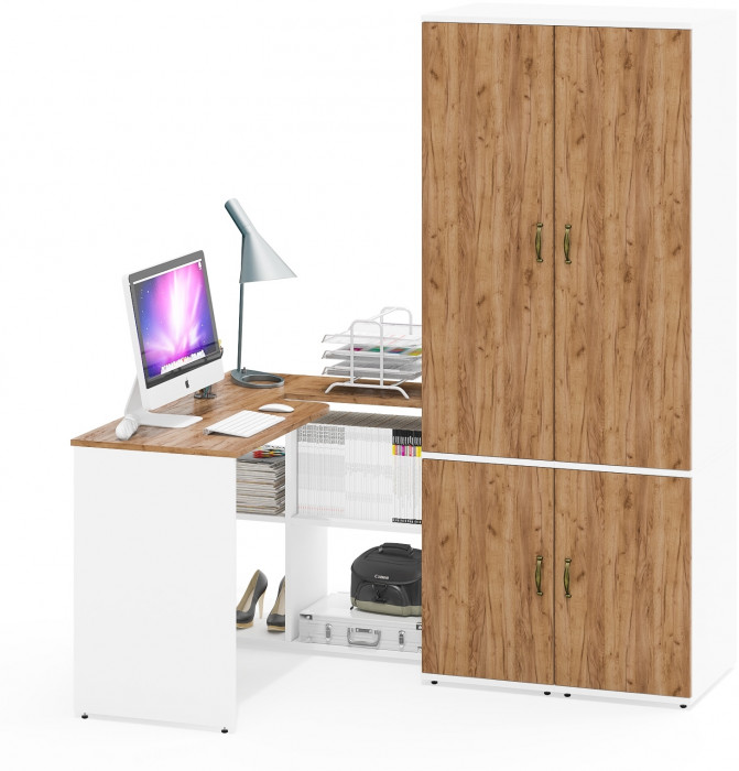 Лидер-8 Стол + Пенал МД 23Б + Пенал МД 23Б, цвет белый шагрень/крафт золото, ШхГхВ 245х50х75/190 или 115х160/50х75/190 см., НЕ ун. сборка