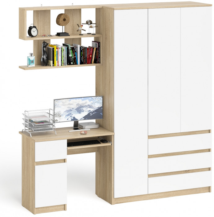 Мори Стол компьютерный МС-1 левый + Шкаф МШ1200.1 + Полка 900, цвет дуб сонома/белый, ШхГхВ 210,4х50,4х209,6 см., НЕ универсальная сборка