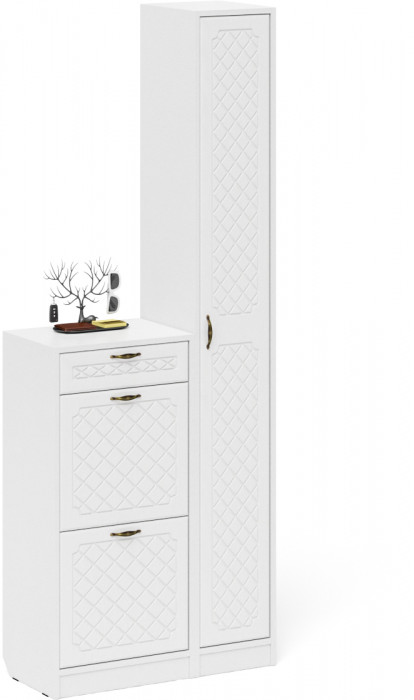 Прихожая П-6 Компоновка № 22, цвет белая шагрень/фасады МДФ белое дерево фрезеровка ромб, ШхГхВ 80х35х210 см., универсальная сборка