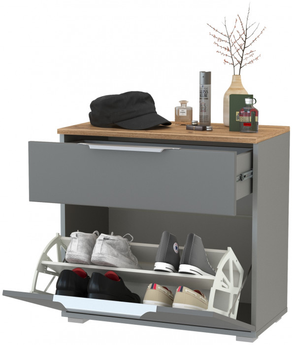 Октава 16.127 Тумба для обуви, цвет серый графит/дуб крафт золотой/фасады МДФ серый графит, ШхГхВ 64,9х35,4х62,2 см.