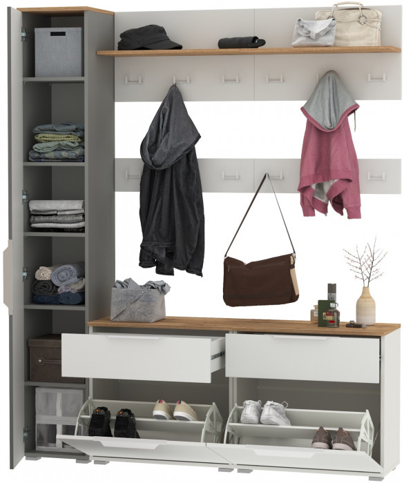 Октава Прихожая 52, цвет белый шагрень/серый графит/дуб крафт золотой/фасады МДФ белый шагрень/серый графит, ШхГхВ 162х35,4х197,6 см., ун. сборка