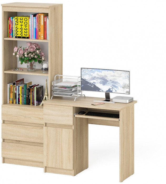 Мори компьютерный стол МС-1 левый + Стеллаж МСТ600.3, дуб сонома