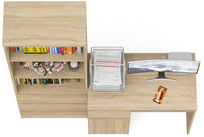 Мори компьютерный стол МС-1 левый + Стеллаж МСТ600.3, дуб сонома