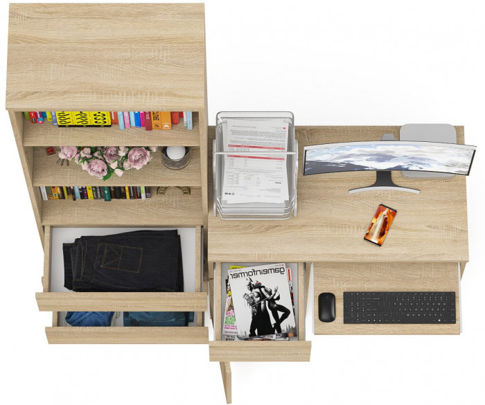 Мори компьютерный стол МС-1 левый + Стеллаж МСТ600.3, дуб сонома