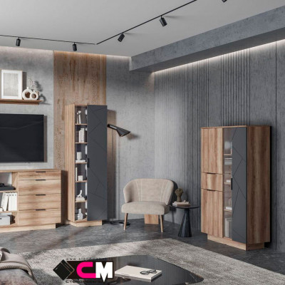 Даллас ШК 02 Шкаф со стеклом (0,902х1,602х0,402) дуб каньон/МДФ софт графит