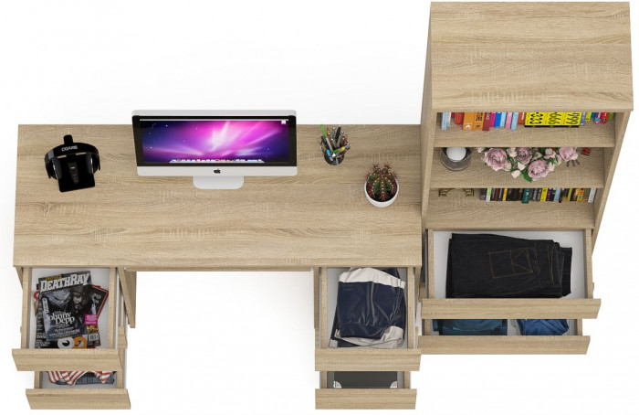 Мори компьютерный стол МС-2 + Стеллаж МСТ600.3, дуб сонома