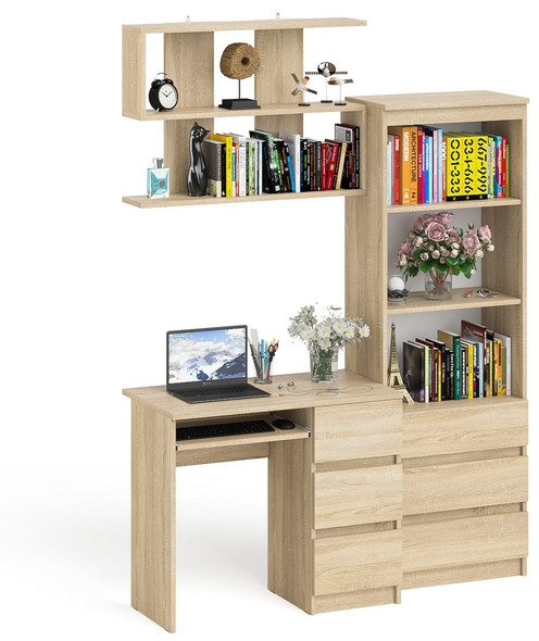 Мори компьютерный стол МС-6 правый + Стеллаж МСТ600.3 + Полка 900, дуб сонома