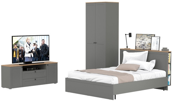Остин 11.53 Кровать + ортопед + 13.336.02 Шкаф для одежды + 16.47 Тумба под ТВ, серый графит/дуб крафт золотой