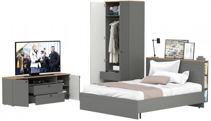 Остин 11.53 Кровать + ортопед + 13.336.02 Шкаф для одежды + 16.47 Тумба под ТВ, серый графит/дуб крафт золотой