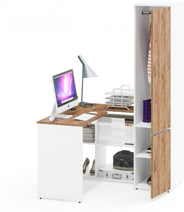 Лидер-8 Стол + Пенал МД 23Б, цвет белый шагрень/крафт золото, ШхГхВ 205х50/37,5х75/190 или 115х50/120х75/190 см., НЕ универсальная сборка