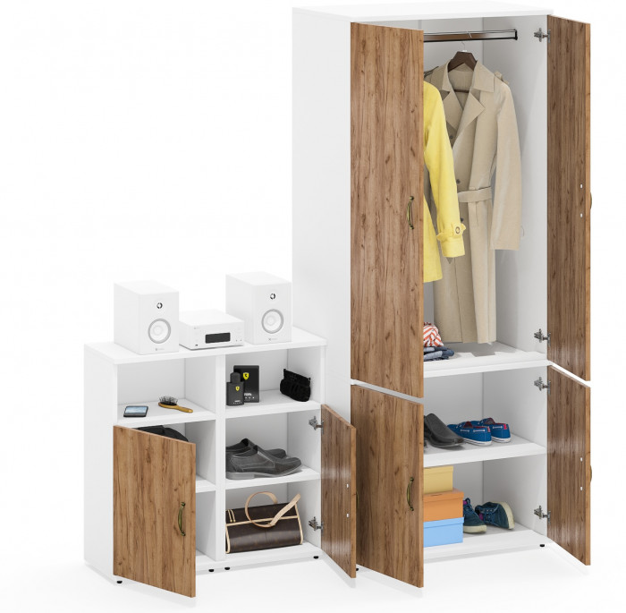 Лидер-8 Шкаф МД 19Б + Тумба МД 3.19 + Тумба МД 3.19, цвет белый шагрень/крафт золото, ШхГхВ 160х50х190 см., универсальная сборка