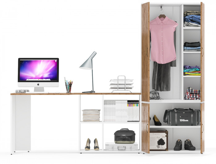 Лидер-8 Стол + Шкаф МД 20Б, белый шагрень/крафт золото