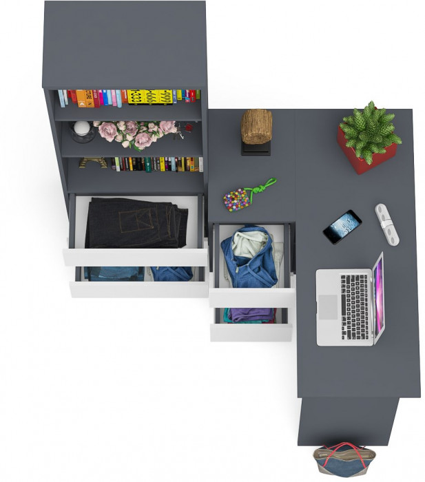 Мори компьютерный стол МС-16 левый + Стеллаж МСТ600.3, графит/белый