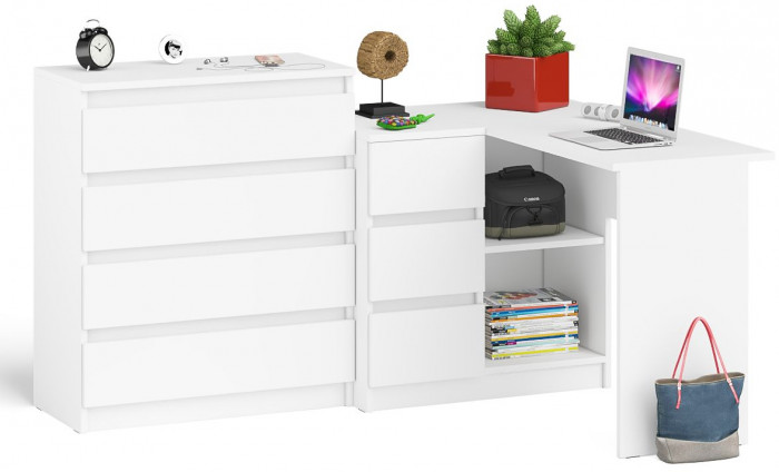 Мори Стол компьютерный МС-16 левый + Комод МК800.4, цвет белый, ШхГхВ 204,8х84,9х94 см., выдвижные ящики слева, НЕ универсальная сборка