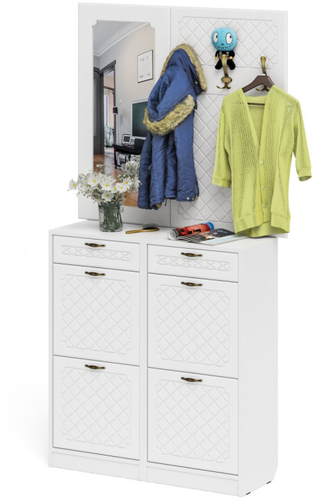 Прихожая П-6 Компоновка № 05, цвет белая шагрень/фасады МДФ белое дерево фрезеровка ромб, ШхГхВ 110х35х200 см.