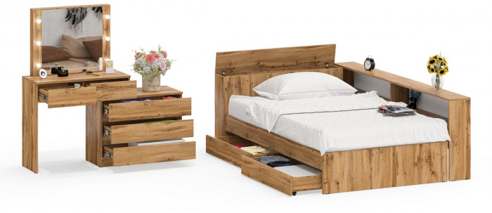 Ксения Кровать с ящиками 1200 + прикроватный блок + Столик с подсветкой 110, дуб вотан