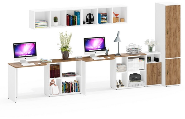 Лидер-8 Стол + Полка + Стол + Полка + Пенал МД 23Б + Тумба МД 3.19, белый шагрень/крафт золото