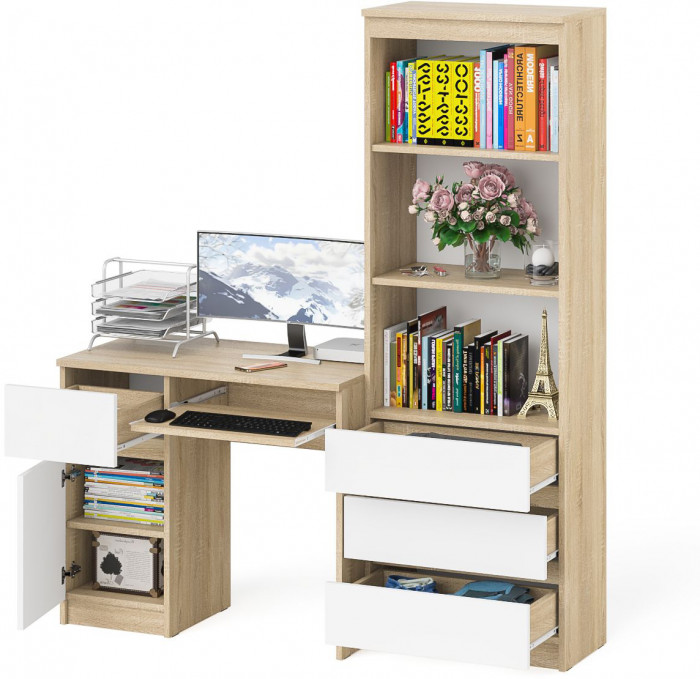 Мори компьютерный стол МС-1 левый + Стеллаж МСТ600.3, дуб сонома/белый