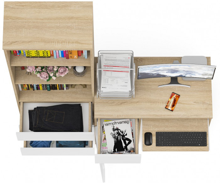 Мори компьютерный стол МС-1 левый + Стеллаж МСТ600.3, дуб сонома/белый