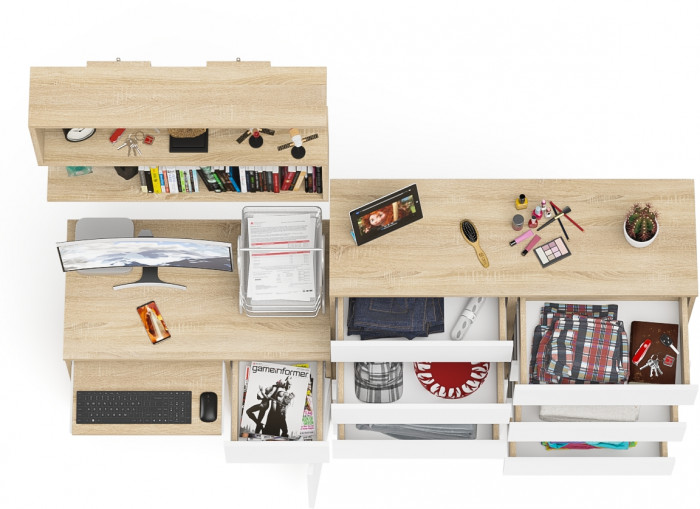 Мори компьютерный стол МС-1 правый + Комод МК1200.10 + Полка 900, дуб сонома/белый