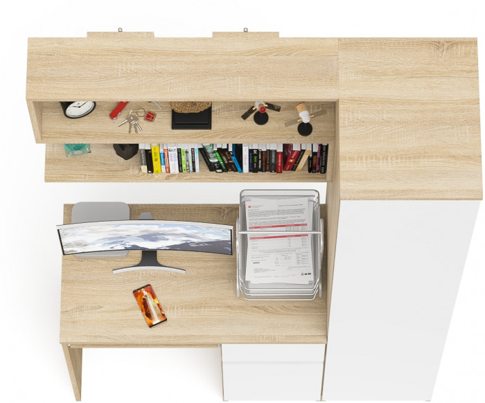 Мори компьютерный стол МС-1 правый + Пенал МШ400.1 + Полка 900, дуб сонома/белый