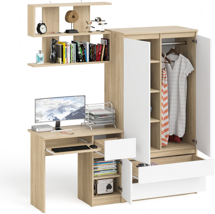 Мори компьютерный стол МС-1 правый + Шкаф МШ900.1 + Полка 900, дуб сонома/белый