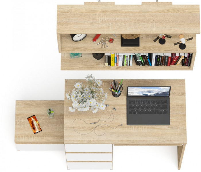 Мори компьютерный стол МС-6 левый + Тумба ТМП400.1 + Полка 900, дуб сонома/белый