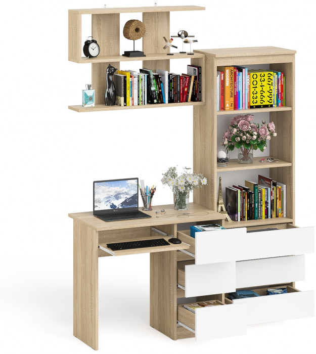 Мори компьютерный стол МС-6 правый + Стеллаж МСТ600.3 + Полка 900, дуб сонома/белый