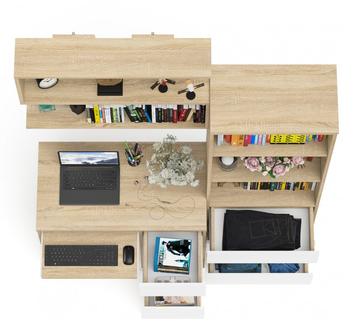 Мори компьютерный стол МС-6 правый + Стеллаж МСТ600.3 + Полка 900, дуб сонома/белый