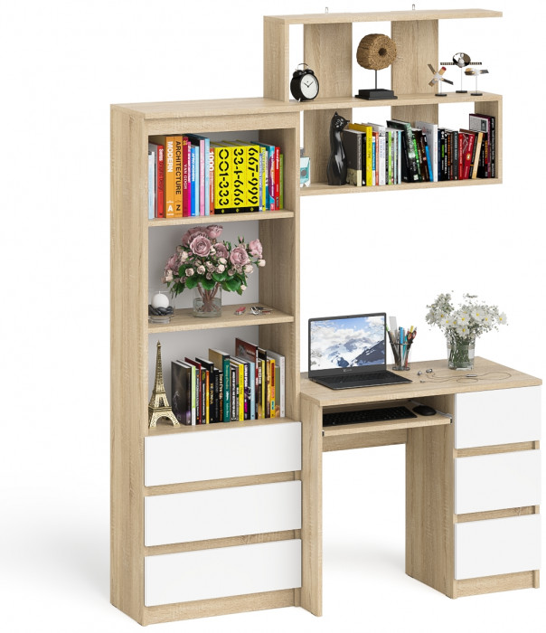Мори компьютерный стол МС-6 правый + Стеллаж МСТ600.3 + Полка 900, дуб сонома/белый