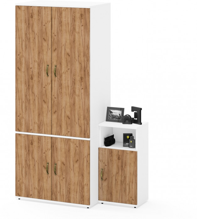 Лидер-8 Шкаф МД 19Б + Тумба МД 3.19, цвет белый шагрень/крафт золото, ШхГхВ 120х50х190 см., универсальная сборка