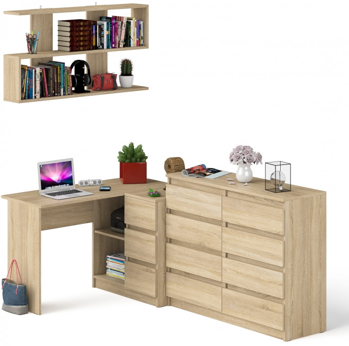 Мори компьютерный стол МС-16 правый + Комод МК1200.8 + Полка 1200, дуб сонома