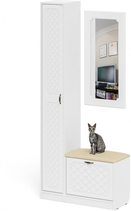 Прихожая П-6 Компоновка № 20, белая шагрень/фасады МДФ белое дерево фрезеровка ромб