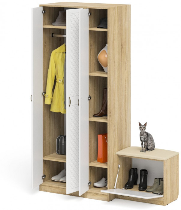 Прихожая П-6 Компоновка № 45, дуб сонома/фасады МДФ белое дерево фрезеровка ромб